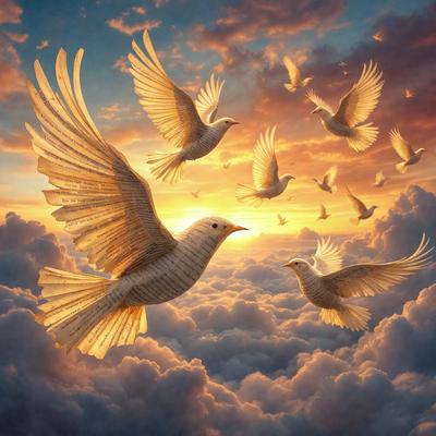 The primary subject of the image is a white bird with its wings spread, flying through a cloudy sky. The bird is surrounded by a flock of white birds, creating a sense of freedom and movement. The setting is a cloudy sky, which adds to the overall atmosphere of the image. The visual style is a combination of photo and digital art, creating a realistic yet artistic representation of the scene. The colors and mood of the image are predominantly white and light, giving it a serene and peaceful feel.